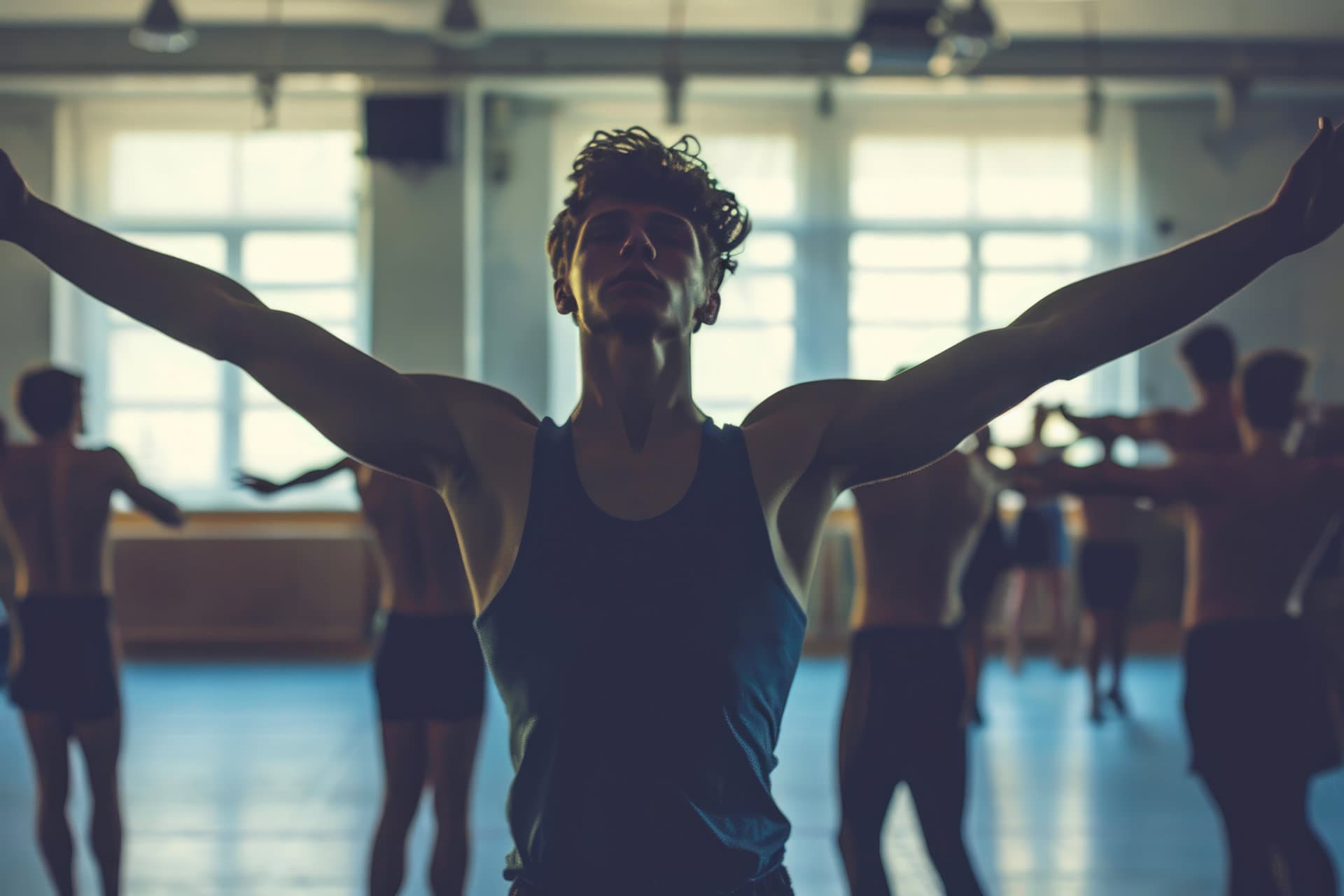 An adult dancer training with a group in a studio